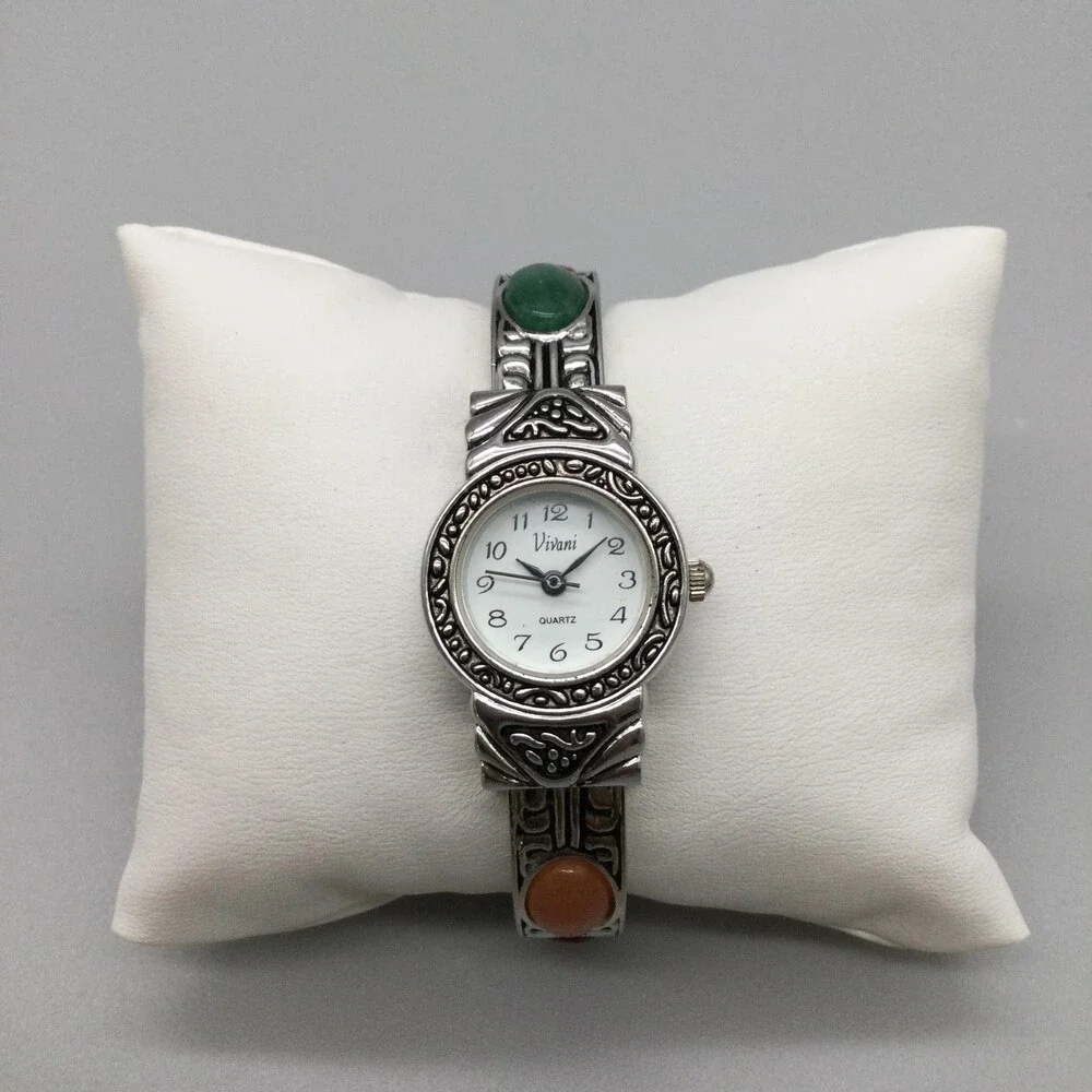 Vivani Womens Watch 21mm White Dial Silver Tone Bangle Cabochon Band New Battery